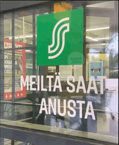 a green sign that says meilta saat anusta in white letters
