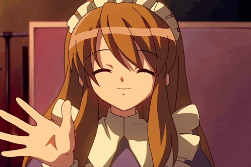 a girl in a maid costume is smiling and waving her hand