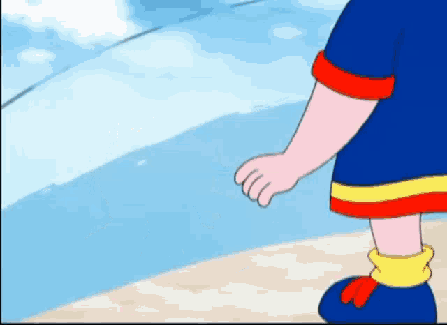 a cartoon character is standing on a beach and looking at the ocean .