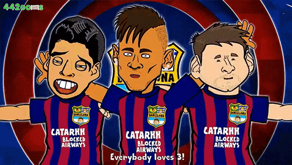 a cartoon of three soccer players with the words " everybody loves 3 " at the top