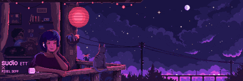a pixel art of a girl sitting on a balcony