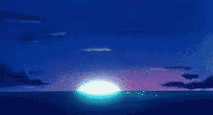 a cartoon illustration of a sunset over the ocean with a purple sky .