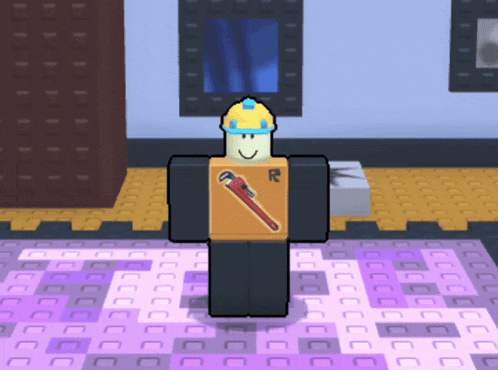 a roblox character is wearing a hard hat and holding a pipe wrench