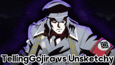 a cartoon of a man with the words telling gojira vs unsketchy on the bottom