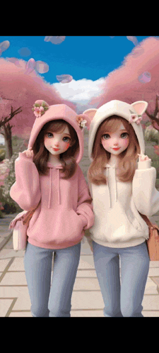 two dolls wearing pink and white hoodies with cat ears are standing next to each other