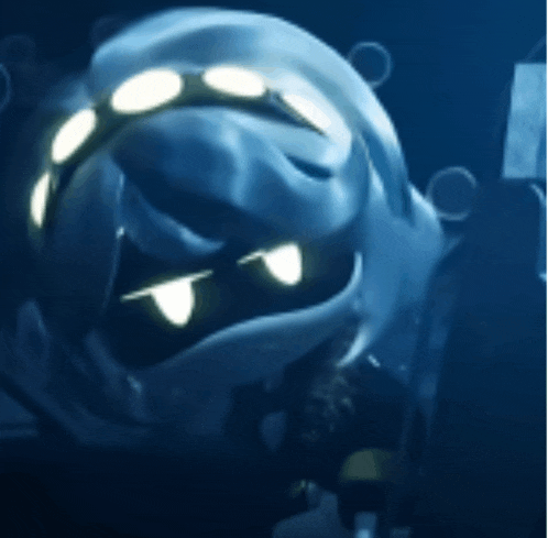 a cartoon character with glowing eyes is in the dark
