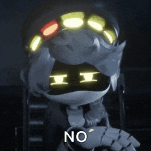 a cartoon character with glowing eyes and the words no on the bottom