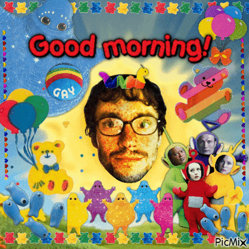 a picture of a man surrounded by stuffed animals and balloons says good morning