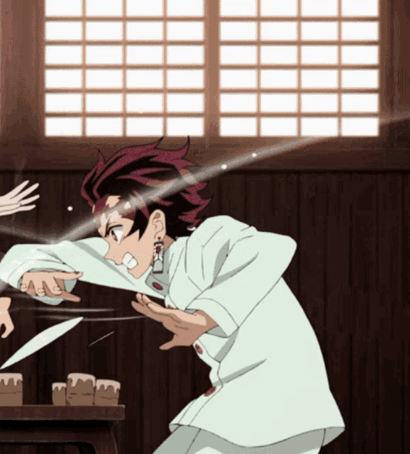 a man in a white shirt is holding a knife in his right hand