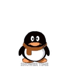 a penguin is taking a shower in a bathroom with a towel .