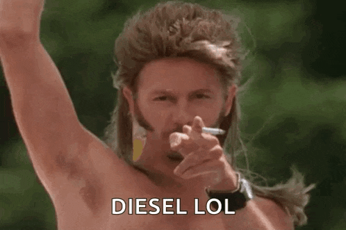 a man with a mullet is smoking a cigarette and pointing .