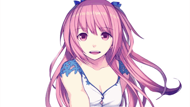 a girl with pink hair is wearing a white top