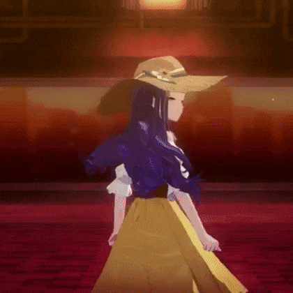 a cartoon girl wearing a hat and a yellow dress is dancing on a red floor .