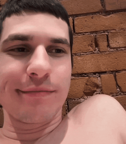 a shirtless man with a brick wall behind him