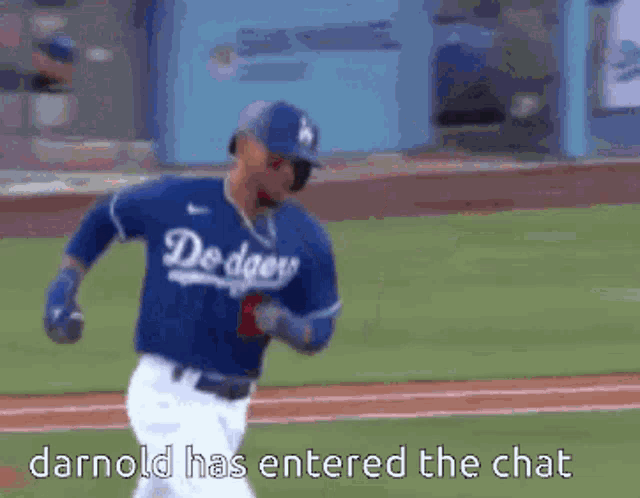 a dodgers baseball player is running on the field and darnold has entered the chat