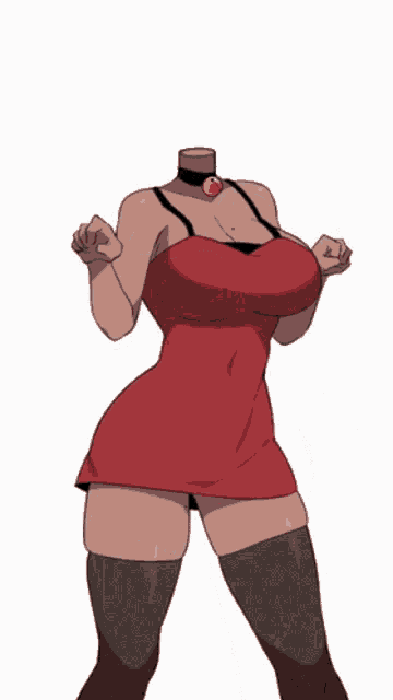 a cartoon character without a head is wearing a red dress and black stockings