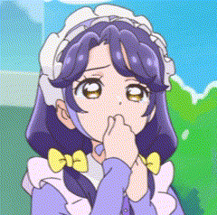 a cartoon girl with purple hair and a maid 's outfit is covering her mouth with her hand .
