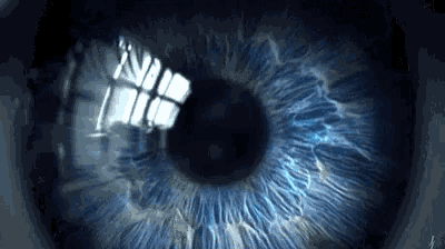 a close up of a blue eye with a window reflection in it