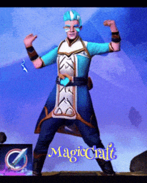 a man in a blue and white outfit with the words magiccraft on the bottom