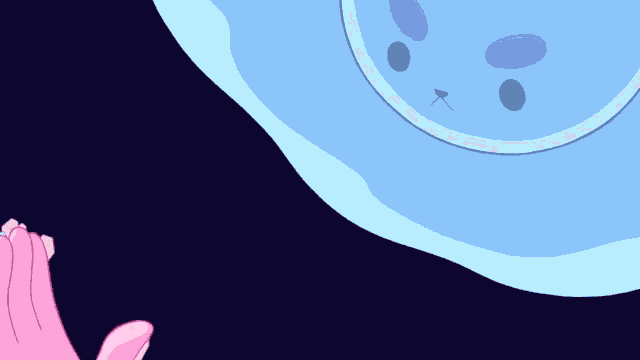 a pink hand is reaching out towards a blue bubble