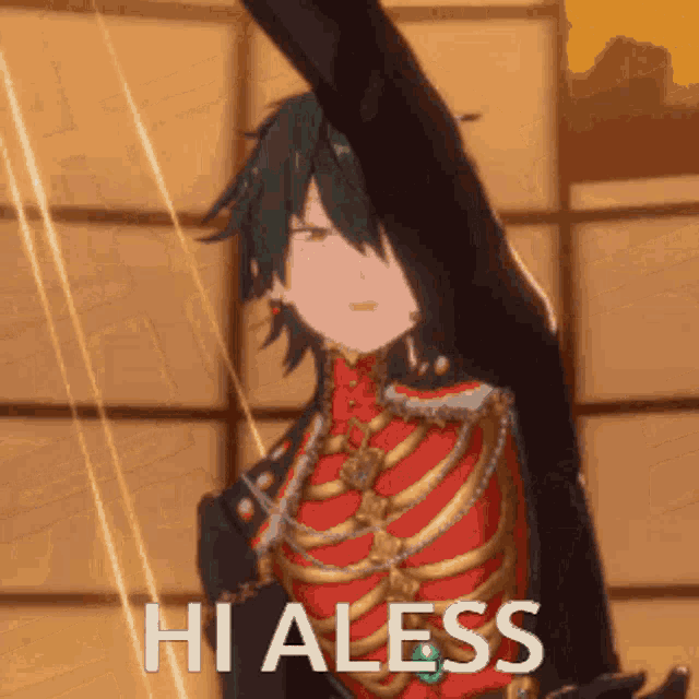 a man in a red and black outfit is holding up his arm and the words hi aless are above him .