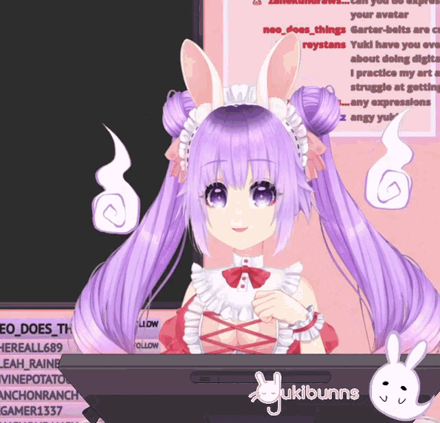a girl with purple hair and bunny ears is on a screen with yukibunns on it