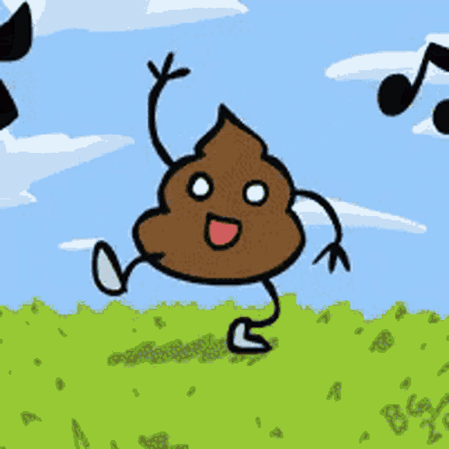 a cartoon drawing of a poop with arms and legs standing in a field