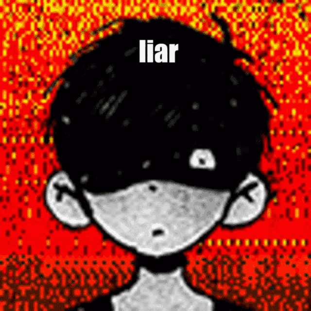 a black and white drawing of a boy with a red background and the words `` liar '' on it .