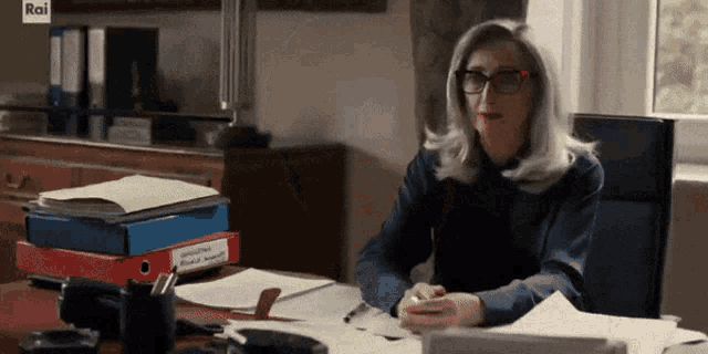 a woman wearing glasses sits at a desk with binders that say rai
