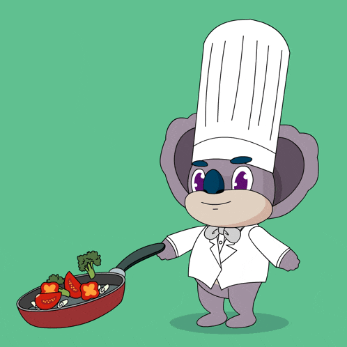 a cartoon koala wearing a chef 's hat is holding a pan