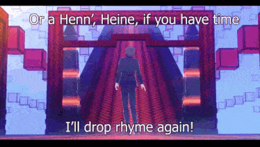 a man in a suit stands in front of a staircase with the words " or a henn ' heine "