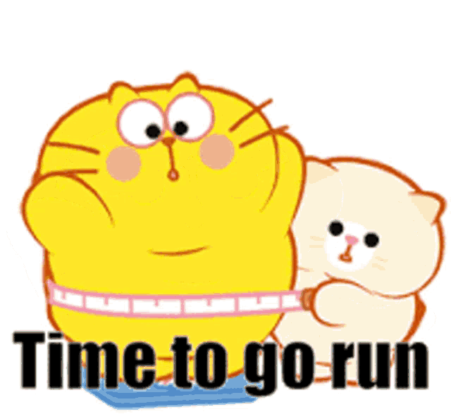a cartoon cat is measuring another cat 's waist with the words time to go run below it .