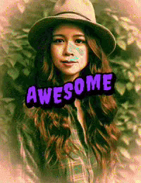 a woman wearing a hat and a plaid shirt has the word awesome written on her face