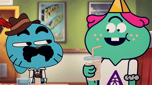two cartoon characters are sitting at a table and one of them is wearing a shirt that says a on it