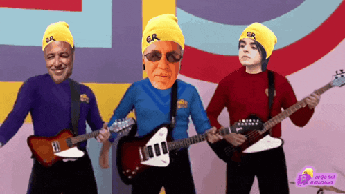 a group of people wearing yellow hats with gr on them are playing guitars