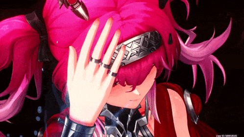 a close up of a pink haired anime character with a ring on her finger