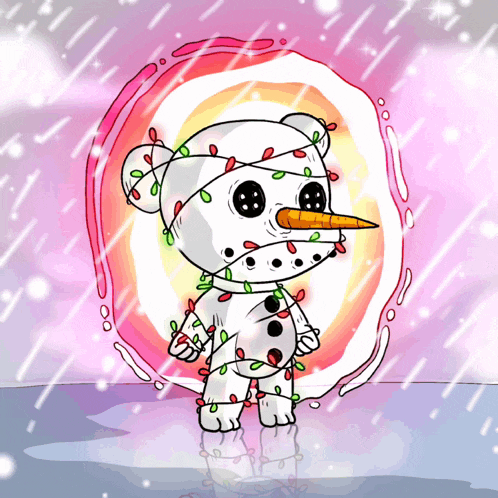 a cartoon of a snowman with christmas lights around his neck and nose