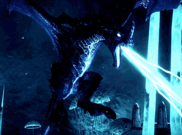a blue dragon with its mouth open is shooting a blue light