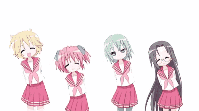 a group of anime girls are standing next to each other and smiling .