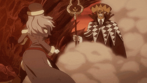 a man with a crown on his head stands next to a woman holding a staff