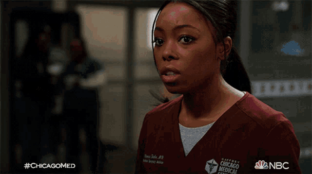 a close up of a woman 's face with the hashtag #chicagomed on the bottom