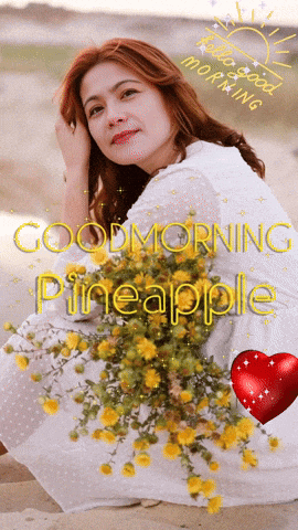 a woman in a white dress holding a bouquet of yellow flowers with the words good morning pineapple
