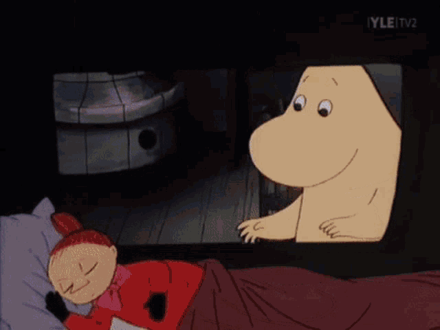 a cartoon character is sleeping in a bed next to a dog .