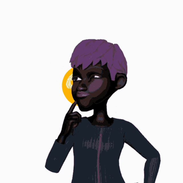a cartoon character with purple hair and a yellow question mark above her head