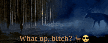 a man walking through a forest with the words what up bitch written above him