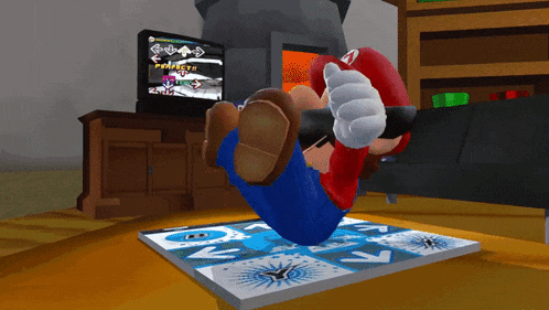 a cartoon of mario on a dance mat in front of a tv
