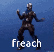 a man is dancing in front of a blue background and the word freach is on the bottom