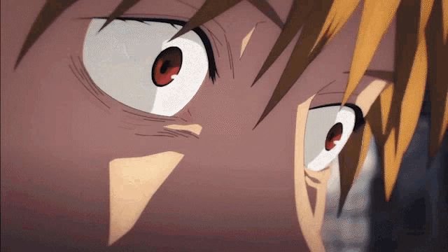 a close up of a anime character 's eyes with red pupil