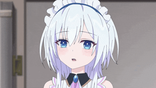 a girl with white hair and blue eyes has a maid outfit on