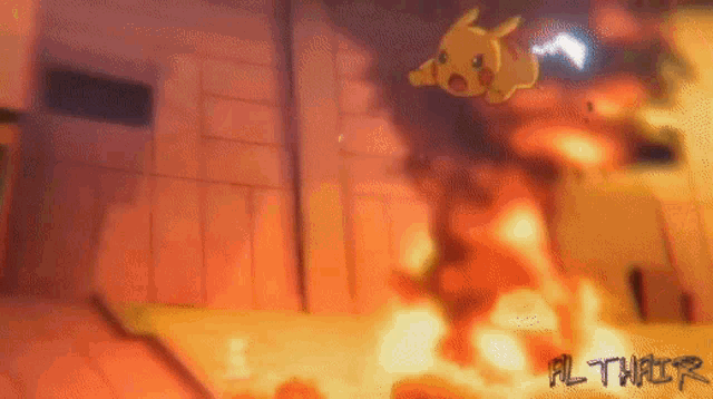 a cartoon drawing of a pikachu flying through the air with the words althor written on the bottom